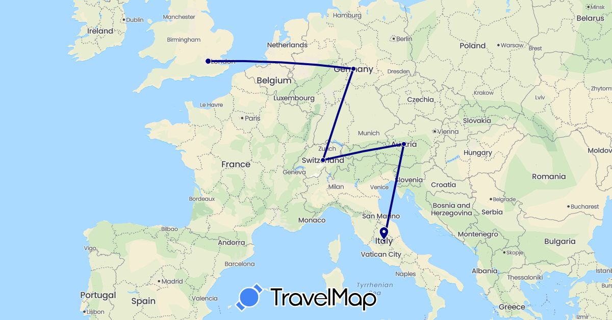 TravelMap itinerary: driving in Switzerland, Germany, United Kingdom (Europe)